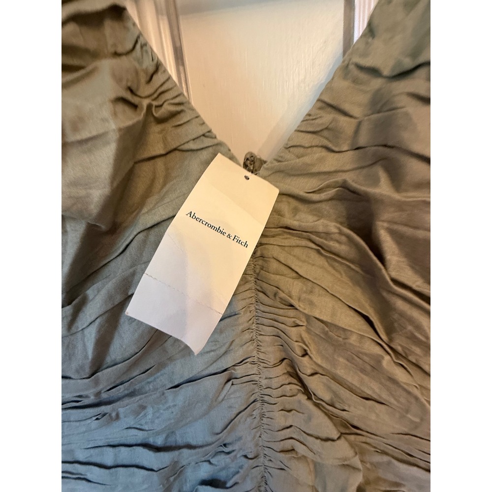 Abercrombie & Fitch Ruched Puff Sleeve Mini Dress Olive Green Sage V-Neck Dress - Picture 4 of 6